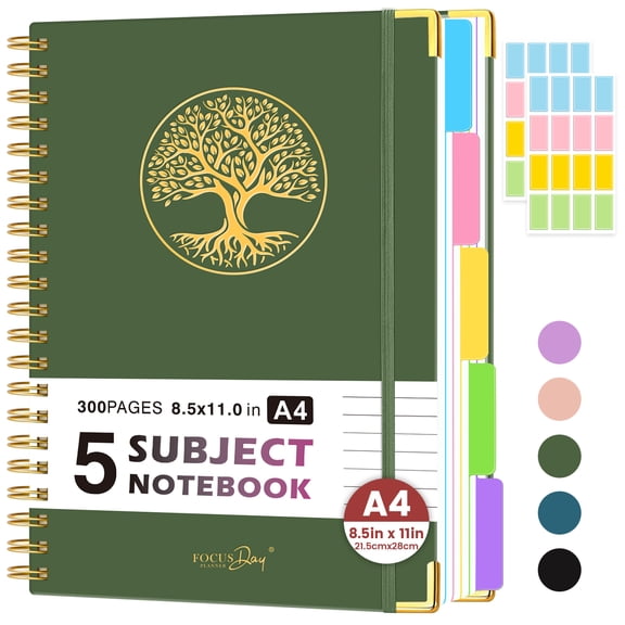 FOCUS DAY 5 Subject Notebook College Ruled, A4 Large Lined Journal with Removable Dividers Tabs, 300 Pages 100GSM Thick Paper, Inner Pocket, 8.5" x 11", Hardcover Spiral Notebook for Office Home