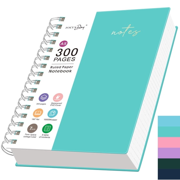 FOCUS DAY A5 Spiral Notebook, 300 Pages College Ruled Notebook, 100GSM Thick Paper, PVC Waterproof Cover, Transparent Inner Pocket, 5.7" x 8.3", Hardcover Journal Notebook for School Office Home