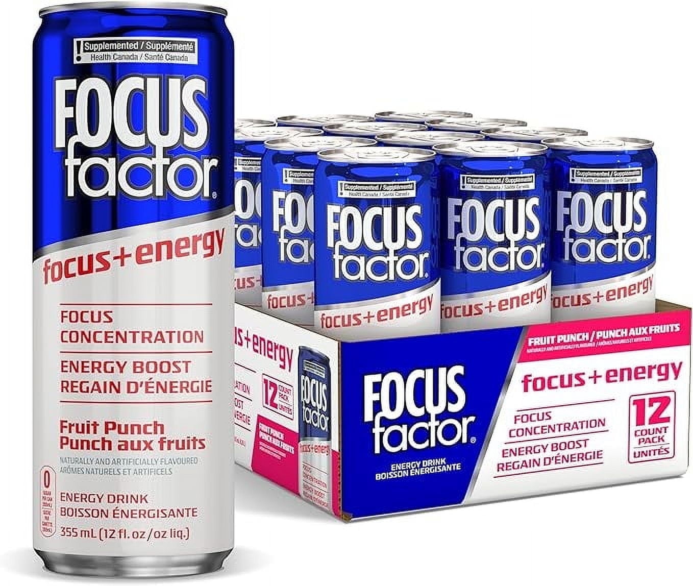 Focus Factor Energy Drink - 12 x 355ml Cans (Fruit Punch Flavor), Lightly Carbonated, Sugar Free