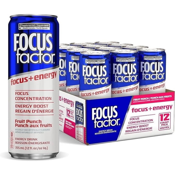 Focus Factor Energy Drink - 12 x 355ml Cans (Fruit Punch Flavor), Lightly Carbonated, Sugar Free