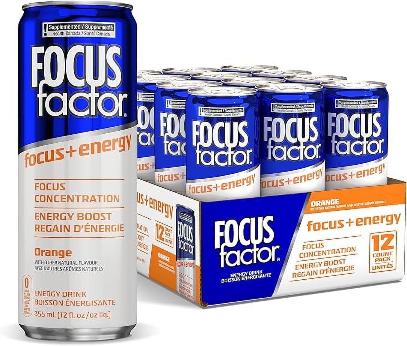 Focus Factor Energy Drink - 12 x 355ml Cans (Orange Flavor), Lightly Carbonated, Sugar Free