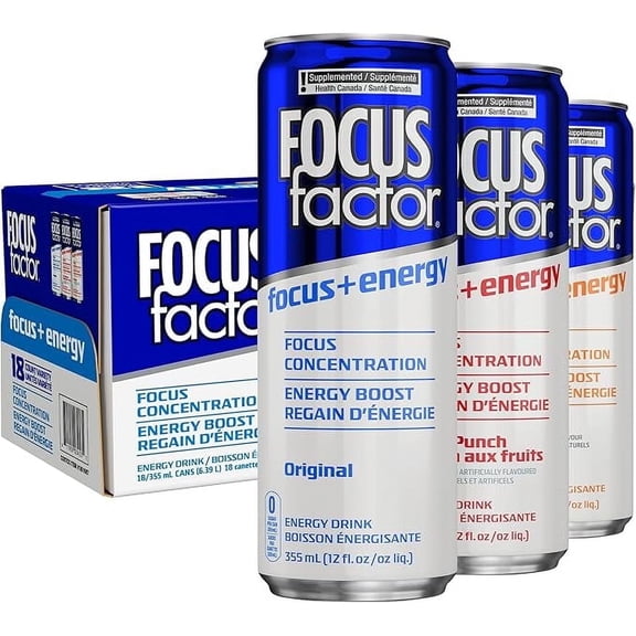 Focus Factor Energy Drink - 18 x 355ml, Variety Pack (Original, Orange, Fruit Punch), Sugar Free