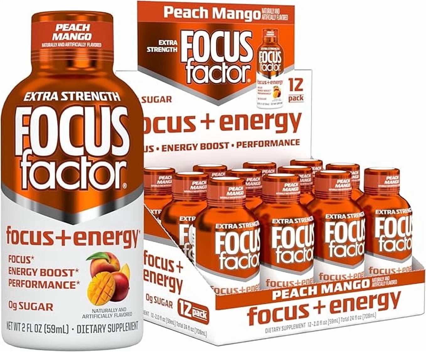 Focus Factor Extra Strength Focus + Energy Shots - 12 x 2oz Bottles (Peach Mango Flavor) - L-Theanine, Ginkgo, Bacopa, L-Tyrosine, Alpha GPC