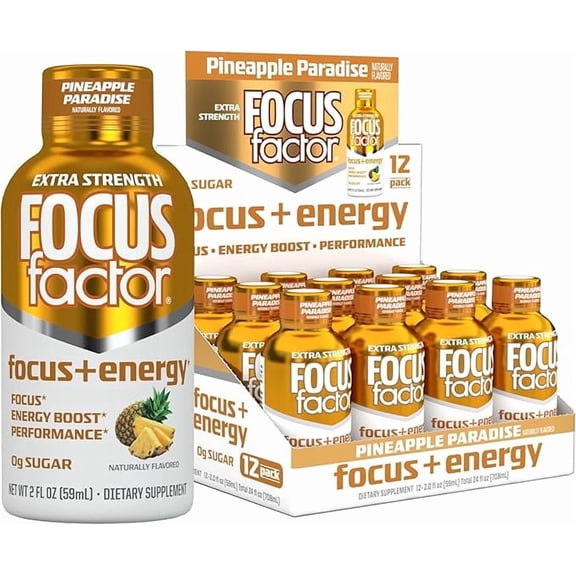Focus Factor Extra Strength Focus + Energy Shots - 12 x 2oz Bottles (Pineapple Paradise Flavor) - L-Theanine, Ginkgo, Bacopa, L-Tyrosine, Alpha GPC