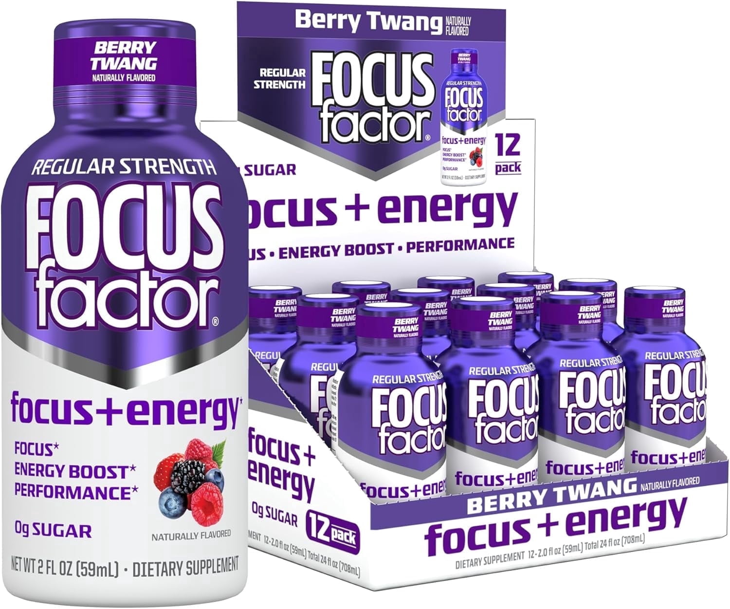 Focus Factor Focus + Energy Shots - 12 x 2oz Bottles (Berry Twang Flavor) - L-Theanine, Ginkgo, Bacopa, L-Tyrosine, Alpha GPC