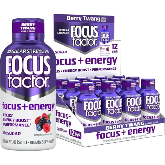 Focus Factor Focus + Energy Shots - 12 x 2oz Bottles (Berry Twang Flavor) - L-Theanine, Ginkgo, Bacopa, L-Tyrosine, Alpha GPC