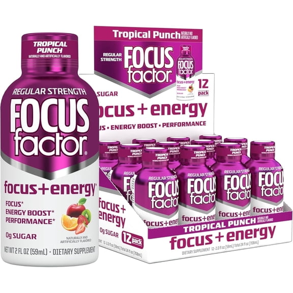 Focus Factor Focus + Energy Shots - 12 x 2oz Bottles (Tropical Punch Flavor) - L-Theanine, Ginkgo, Bacopa, L-Tyrosine, Alpha GPC