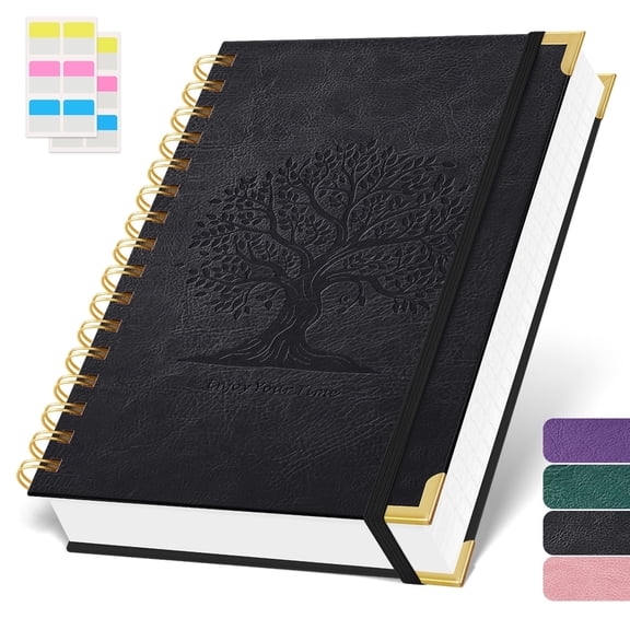 FOCUSDAY A5 Spiral Notebook, 5.7"x8.4" Hardcover Leather Cover Journal, 300-Page College Ruled Notebook with 100GSM Thick Paper, Twin-Wire Binding for Note Taking & Creative Writing(Black)