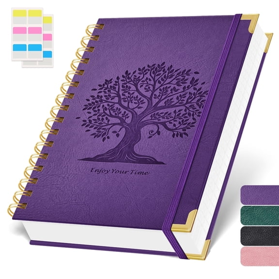 FOCUSDAY A5 Spiral Notebook, 5.7"x8.4" Hardcover Leather Cover Journal, 300-Page College Ruled Notebook with 100GSM Thick Paper, Twin-Wire Binding for Note Taking & Creative Writing(Purple)