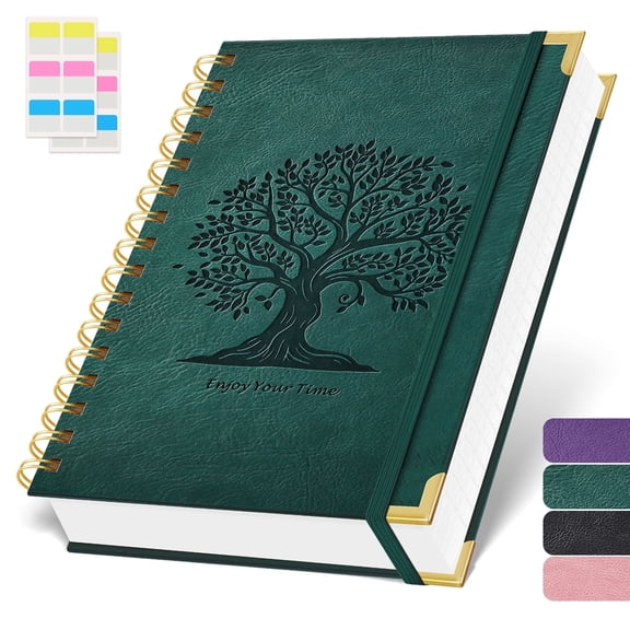 FOCUSDAY A5 Spiral Notebook, 5.7"x8.4" Hardcover Leather Cover Journal, 300-Page College Ruled Notebook with 100GSM Thick Paper, Twin-Wire Binding for Note Taking & Creative Writing(Green)