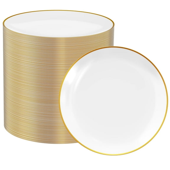 FOCUSLINE 100 Count Gold Plastic Plates AFN17 Inch, Disposable Heavy Duty Salad Dessert Plates, Premium Hard Plastic Plate Disposable with Gold Rim for Wedding Parties