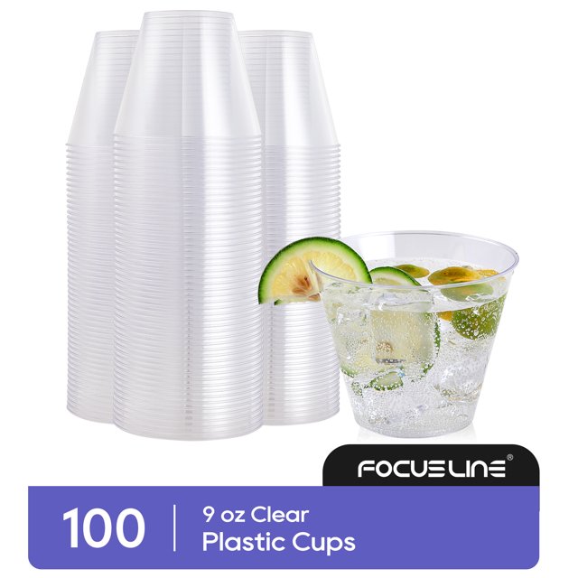 FOCUSLINE 100 Pack 9 oz Clear Plastic Cups, Disposable Cups Reusable
