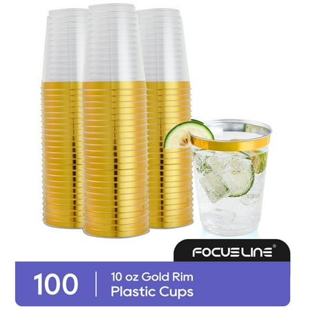 FOCUSLINE 100 Pack Gold Rimmed Plastic Cups 10oz Clear Plastic Cups