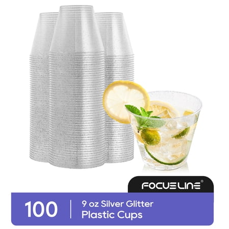 FOCUSLINE 100 Pack Silver Glitter Plastic Cups 9 oz Clear Plastic Cups Tumblers, Fancy Disposable Hard Plastic Cups with Silver Glitter for Wedding Cups Elegant Party Cups