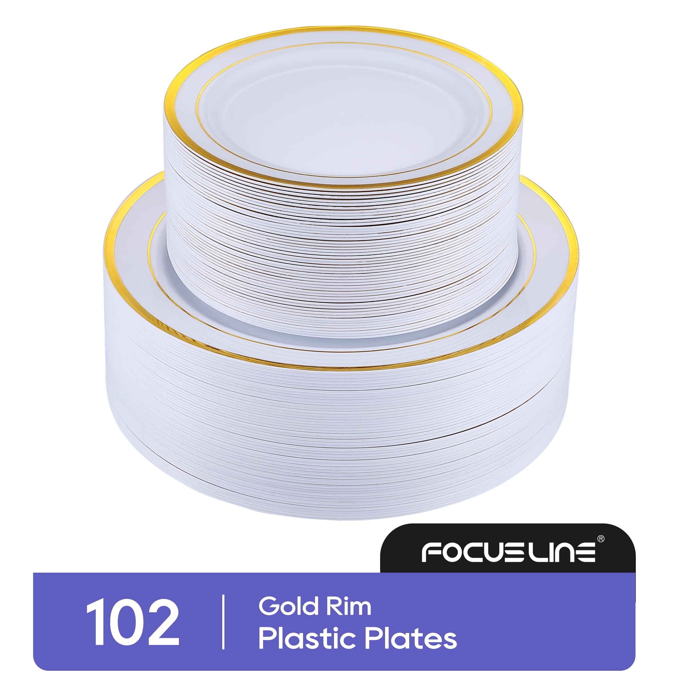 FOCUSLINE Premium 102pc Round Plastic Plates with Gold Rim Disposable Heavy Duty Set Walmart