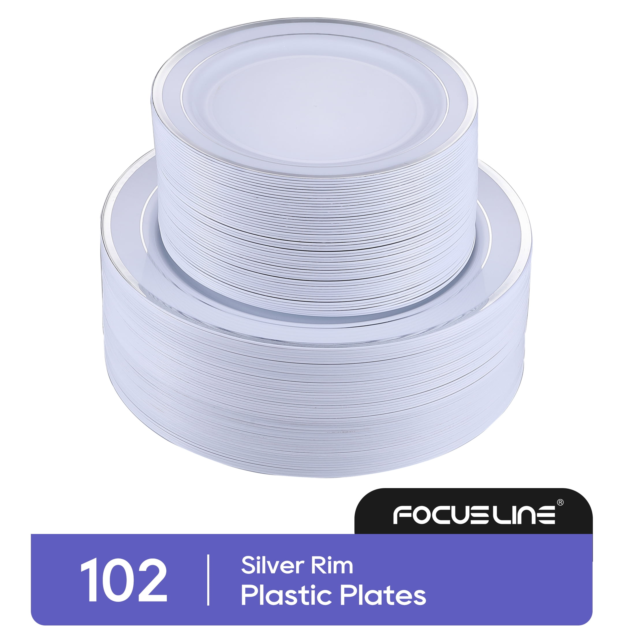 FOCUSLINE 102Pcs Disposable Plastic Plates Gold Grid Rim Party