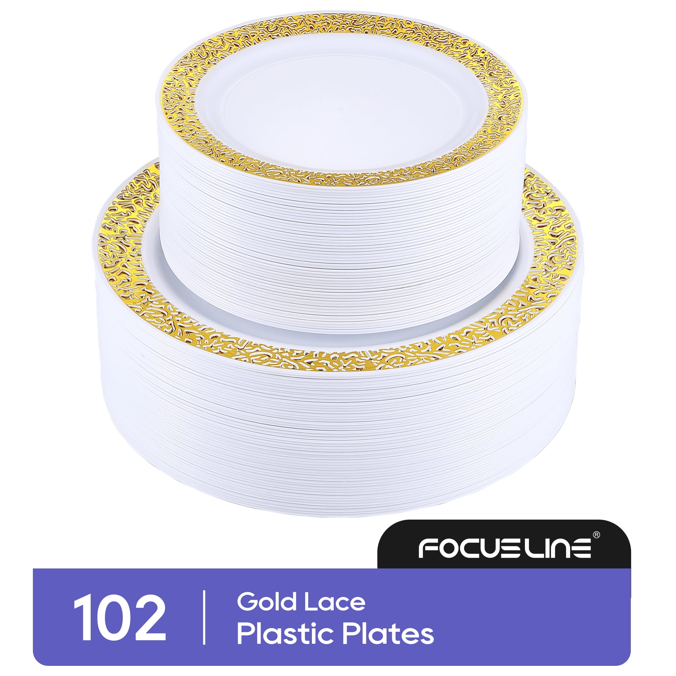 FOCUSLINE 102PCS Gold Disposable Plastic Plates, Heavyweight Disposable Plates Set Party Plate