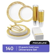 FOCUSLINE 140 Gold Dinnerware Set for 20 Guests, White Plastic Plates with Gold Lace Rim Design, Including 20 Disposable Dinner Plates, 20 Dessert Plates, 20 Silverware Set, 20 Cups, 20 Napkins
