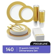 FOCUSLINE 140 Piece Gold Dinnerware Set for 20 Guests, Including Plastic Plates with Gold Grid Rim, Silverware, Cups and Napkins, Fancy Plastic Plates Disposable Set for Weddings Parties