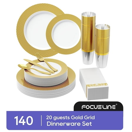 FOCUSLINE 140 Piece Gold Dinnerware Set for 20 Guests, Including Plastic Plates with Gold Grid Rim, Silverware, Cups and Napkins, Fancy Plastic Plates Disposable Set for Weddings Parties