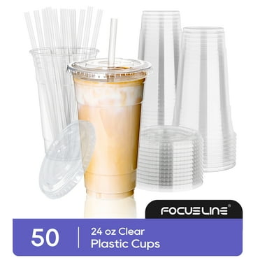 FOCUSLINE 50 Sets - 24 oz Clear Plastic Cups with Lids, Disposable Cups With Straw Lids for Cold Drinks, Milkshake, Smoothie, Iced Coffee and TO-GO Drinkings