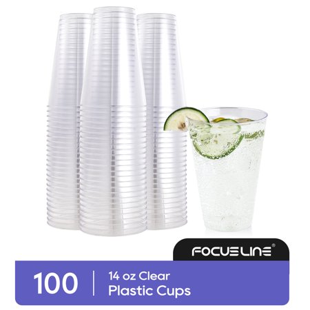 FOCUSLINE Disposable Plastic Cups, Clear, 14oz, 100 Pack