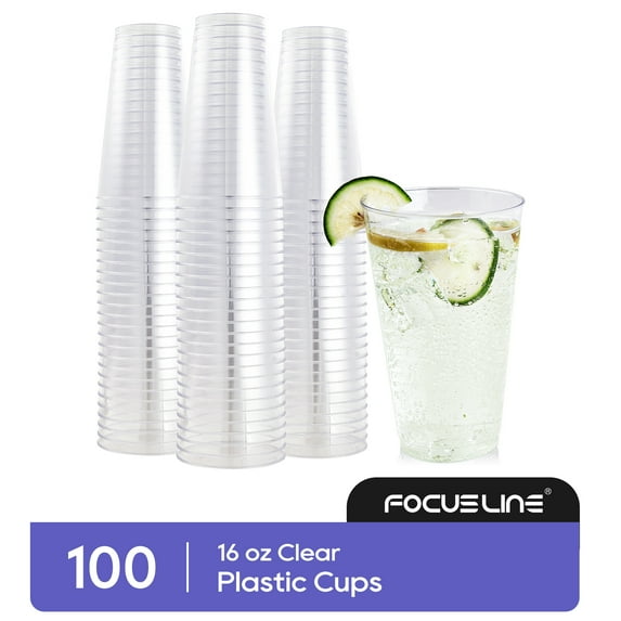 FOCUSLINE Disposable Plastic Cups, Clear,16oz, 100 Pack