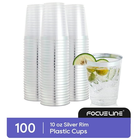 FOCUSLINE Disposable Plastic Cups, Silver Rimmed, 10oz, 100 Pack