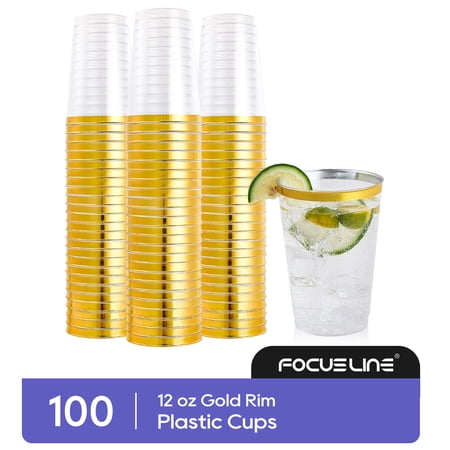FOCUSLINE Disposable Plastic Cups with Gold Rim,Clear,12oz, 100 Pack
