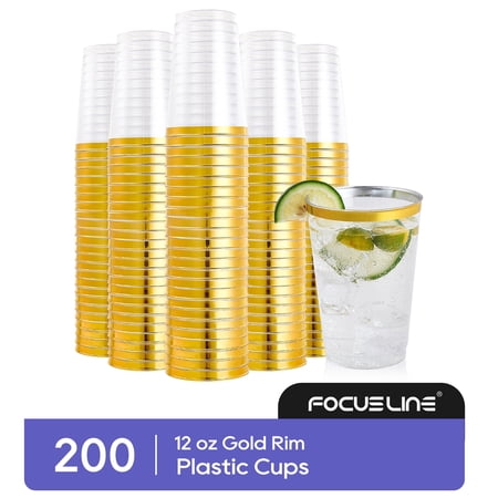 FOCUSLINE Disposable Plastic Cups with Gold Rim,Clear,12oz, 200 Pack