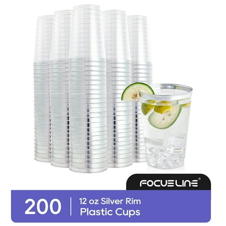 FOCUSLINE Disposable Plastic Cups with Silver Rim,Clear,12oz, 200 Pack