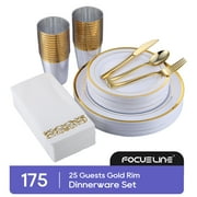 FOCUSLINE Gold Dinnerware Set, Heavy Duty Disposable Plastic Plates, 50 Plastic Plates-25 Plastic Silverware-25 Plastic Cups-25 Paper Napkins, 175 Pack