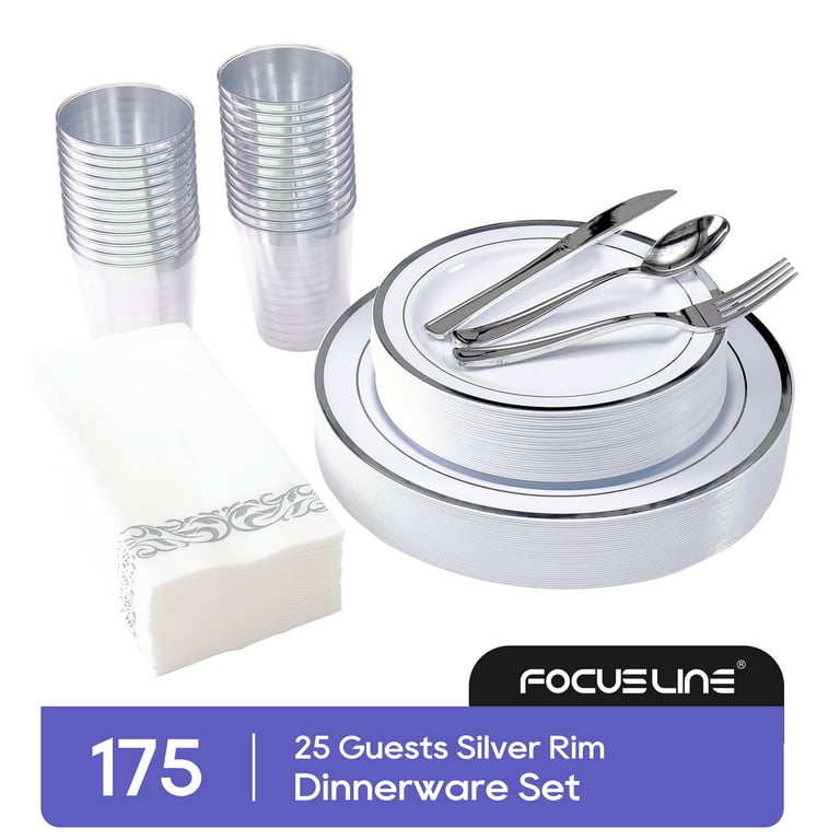 FOCUSLINE Silver Dinnerware Set Heavy Duty Disposable Plastic Plates 50 Plastic Plates 25 Plastic Silverware 25 Plastic Cups 25 Paper Napkins 175