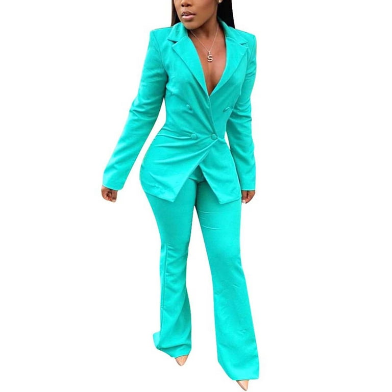 Women Casual Fashion 2 Piece Set Blazer Flare Pants Ladies Business Office  Wear