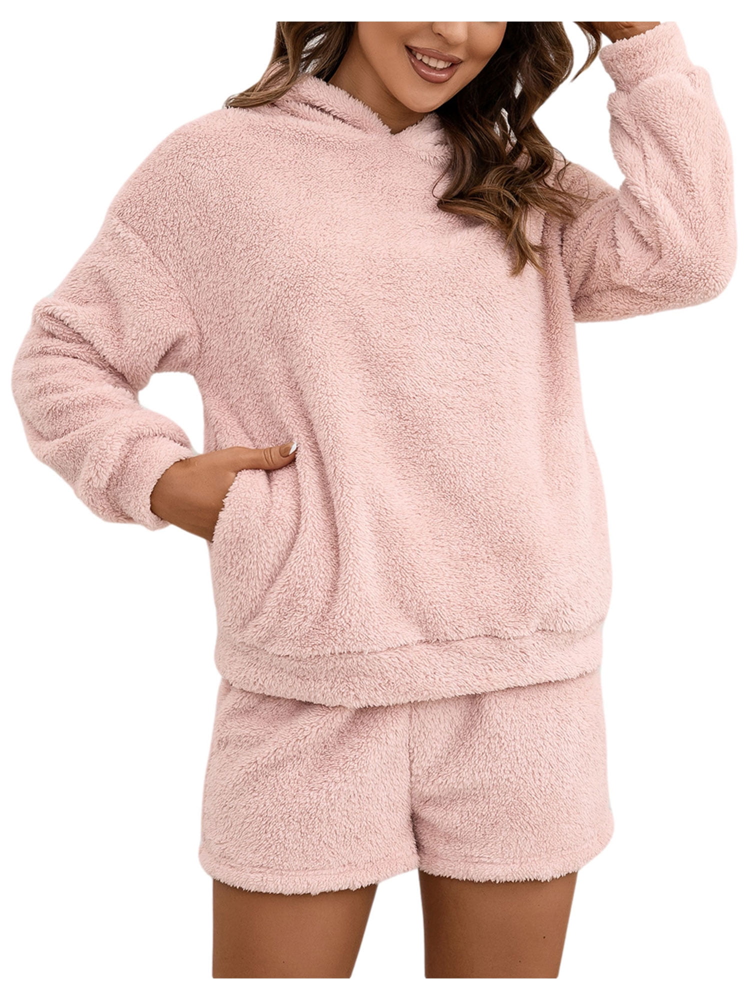 FOCUSNORM 2 Pieces Women Fuzzy Homewear Outfits Long Sleeve