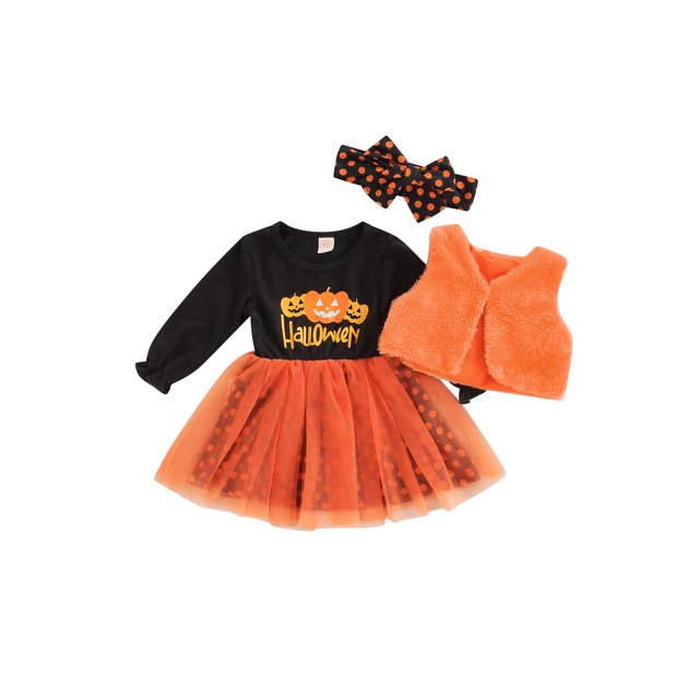 FOCUSNORM 3Pcs Infant Baby Girls Halloween Outfit Long Sleeve Pumpkin Print Tutu Dress Velvet