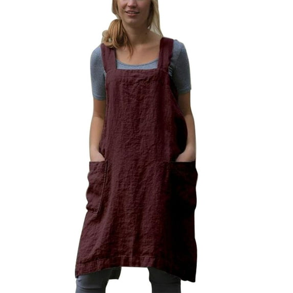 FOCUSNORM Cotton Linen Apron for women Cross Back Apron Pinafore Dress for Baking Cooking Gardening Work