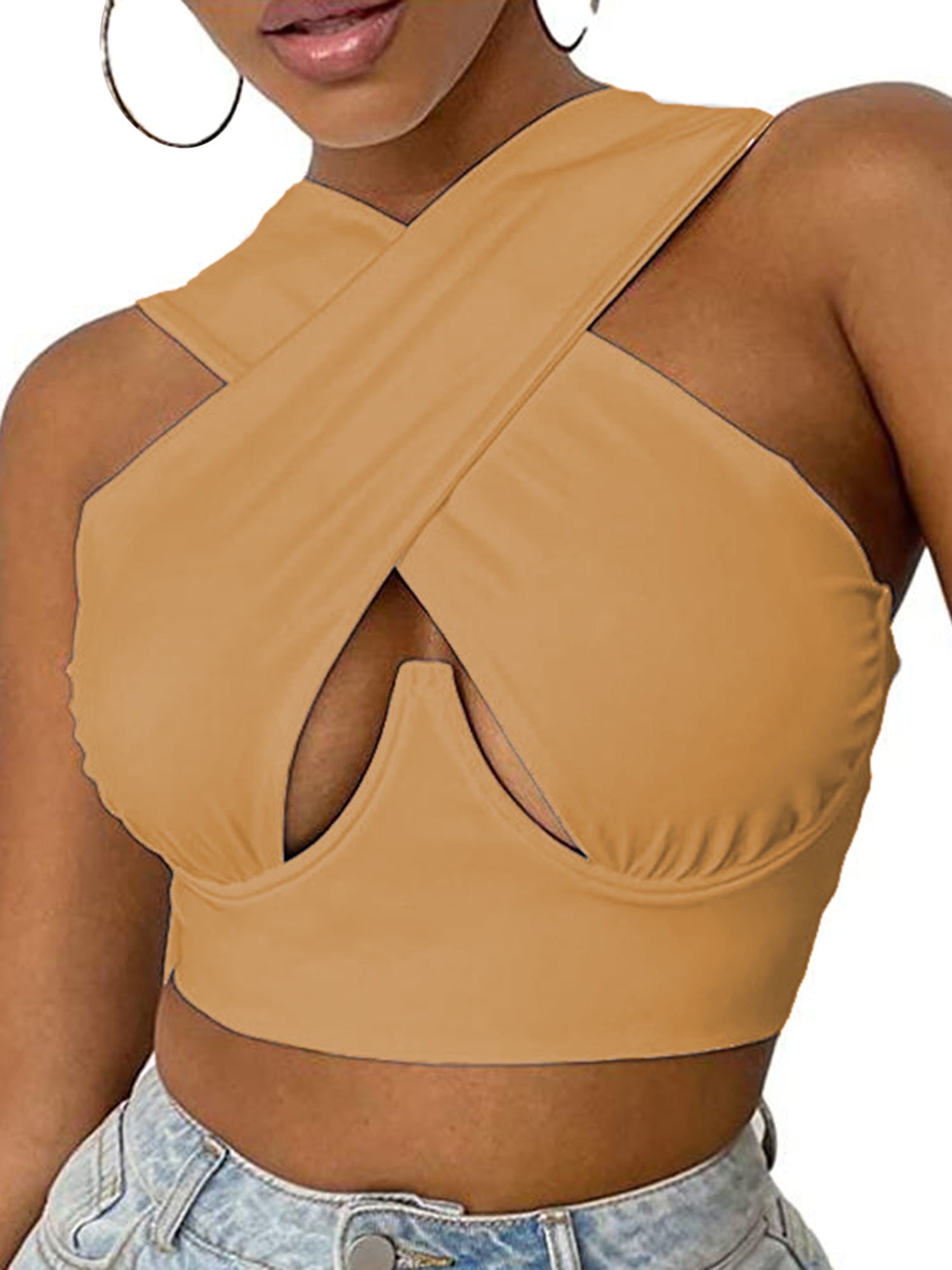 FOCUSNORM Criss Cross Halter Tops for Women Sexy Cutout Wrap Crop Top Push  Up Bustier Corset Basic Tank Vest