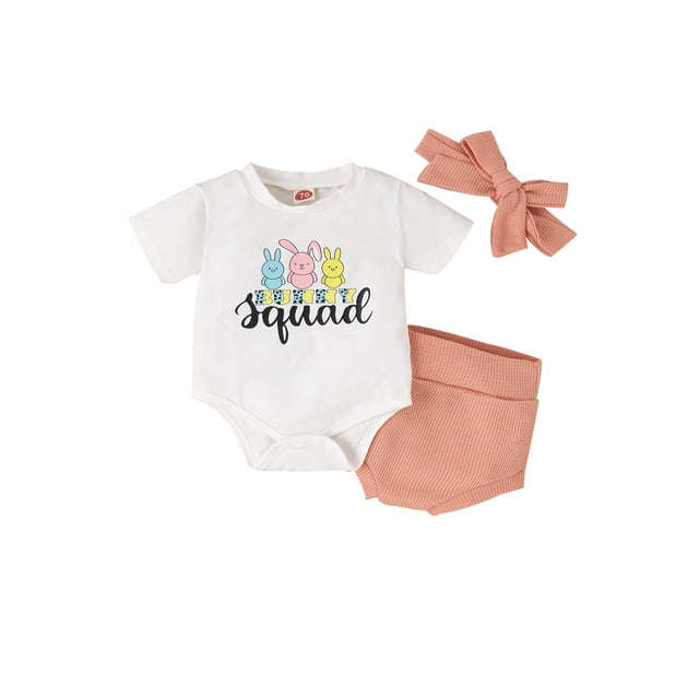 FOCUSNORM Infant Baby Girl Easter Outfits Short Sleeve Bunny Letters