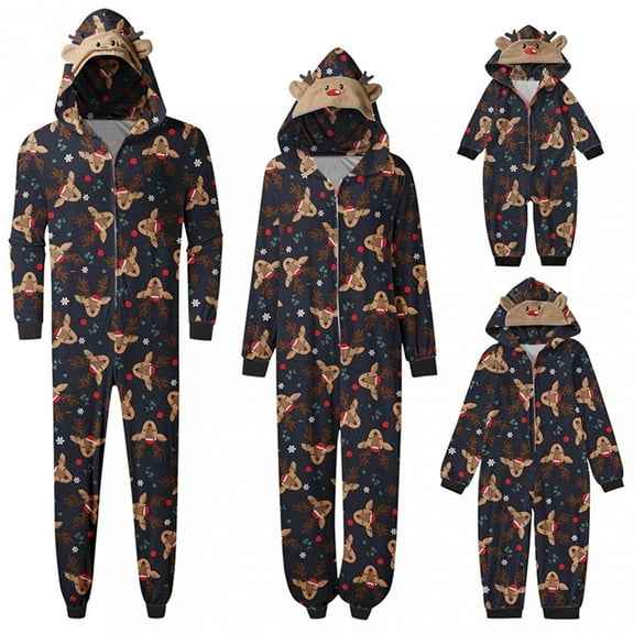 FOCUSNORM Matching Christmas Pjs for Family Reindeer Print Onesie Pajamas Hoodie One Piece Xmas Sleepwear Outfits