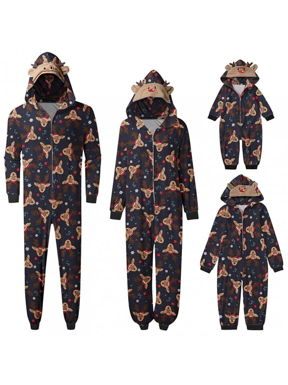 Matching Christmas Pjs for Family Reindeer Print Onesie Pajamas Hoodie One Piece Xmas Sleepwear Outfits