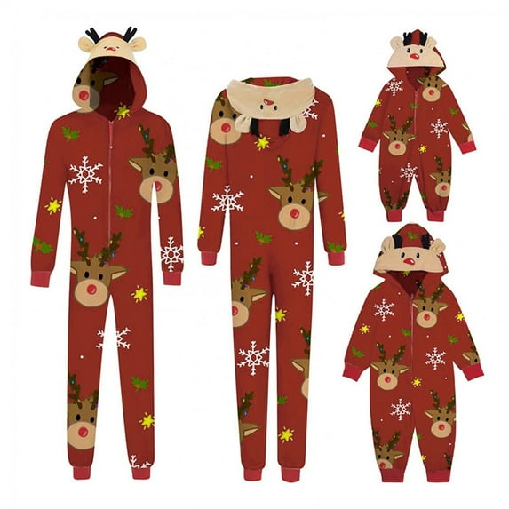 FOCUSNORM Matching Christmas Pjs for Family Reindeer Print Onesie Pajamas Hoodie One Piece Xmas Sleepwear Outfits