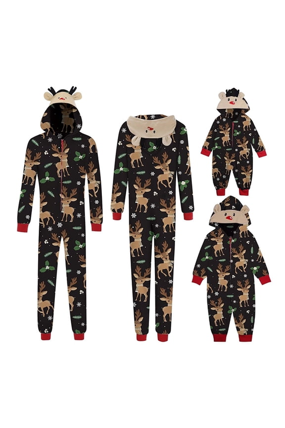 Matching Christmas Pjs for Family Reindeer Print Onesie Pajamas Hoodie One Piece Xmas Sleepwear Outfits