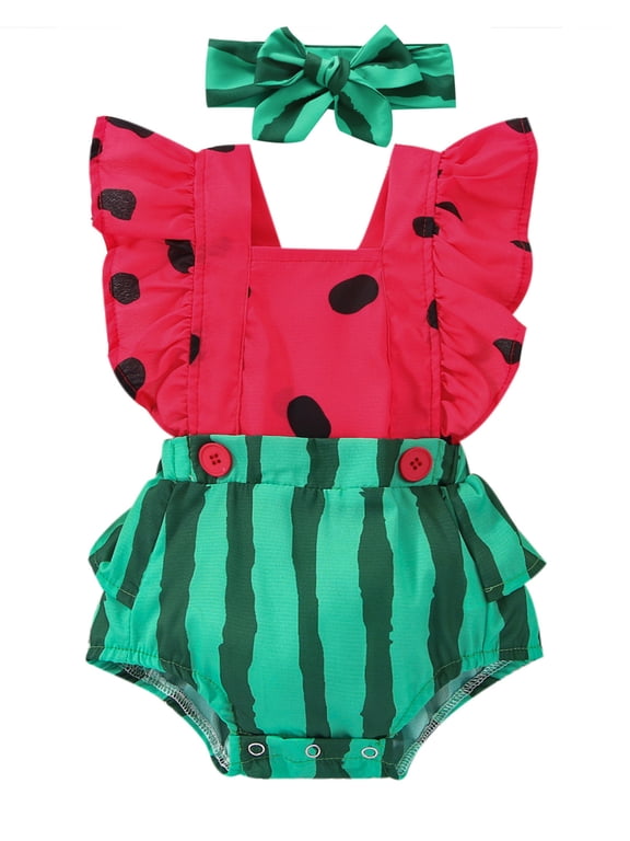 Newborn Baby Girls Watermelons Printed Ruffle Bodysuit with Headband