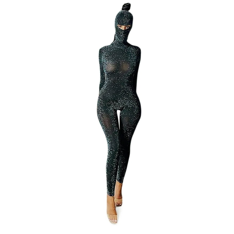 FOCUSNORM Shiny Black Jumpsuit for Women Long Sleeve High Neck Bodycon One  Piece Jumpsuit Romper 3D Stretch Bodysuit with Mask 