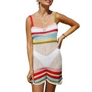 FOCUSNORM Swimsuit Cover Ups for Women, V Neck Hollow Out Swim Coverup Crochet Summer Beach Cover Up Dress