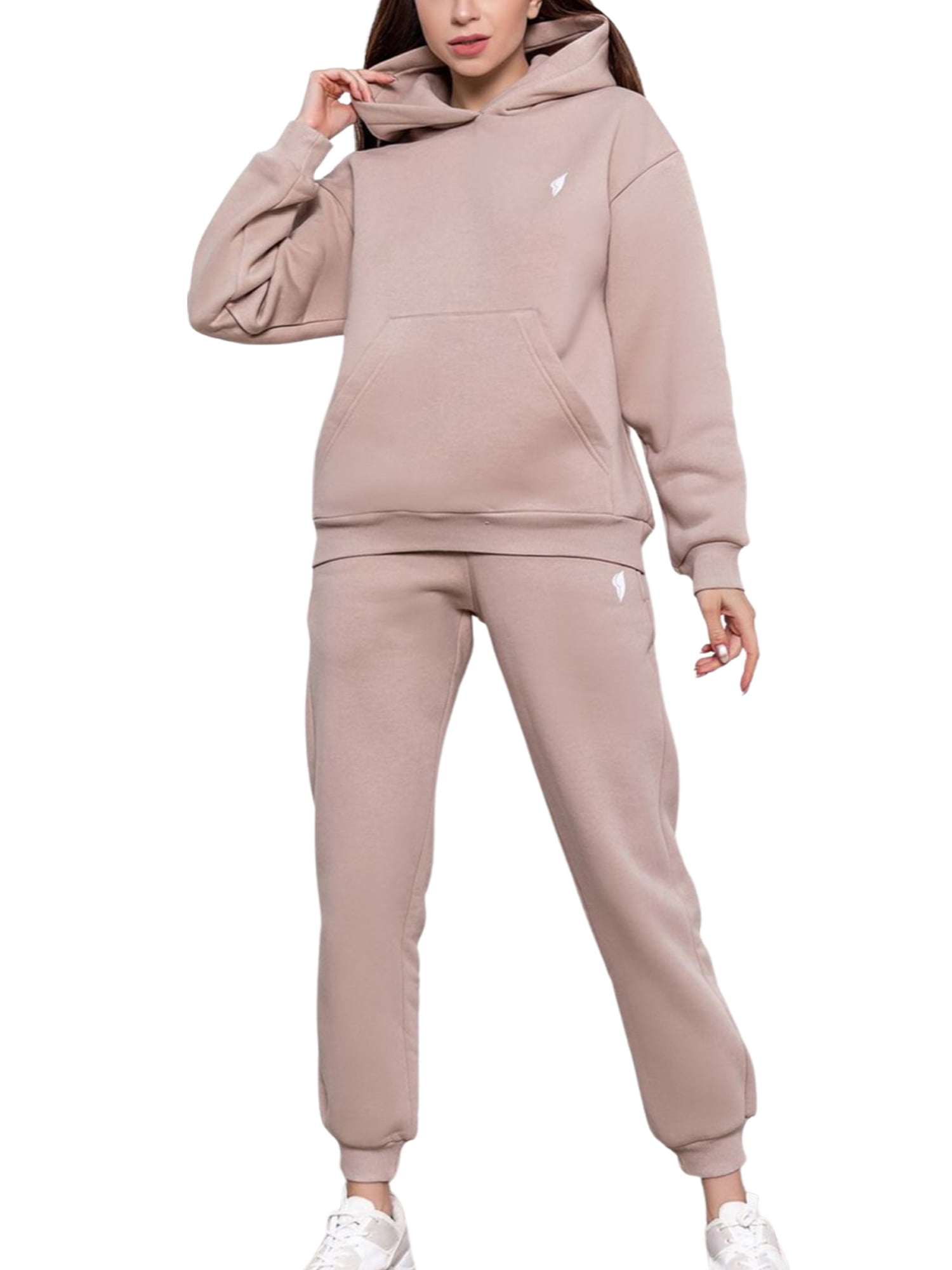 FOCUSNORM Two Piece Outfit For Women Long Sleeve Pullover With Hooded Long  Pants Tracksuit Jogger Set with Pockets 