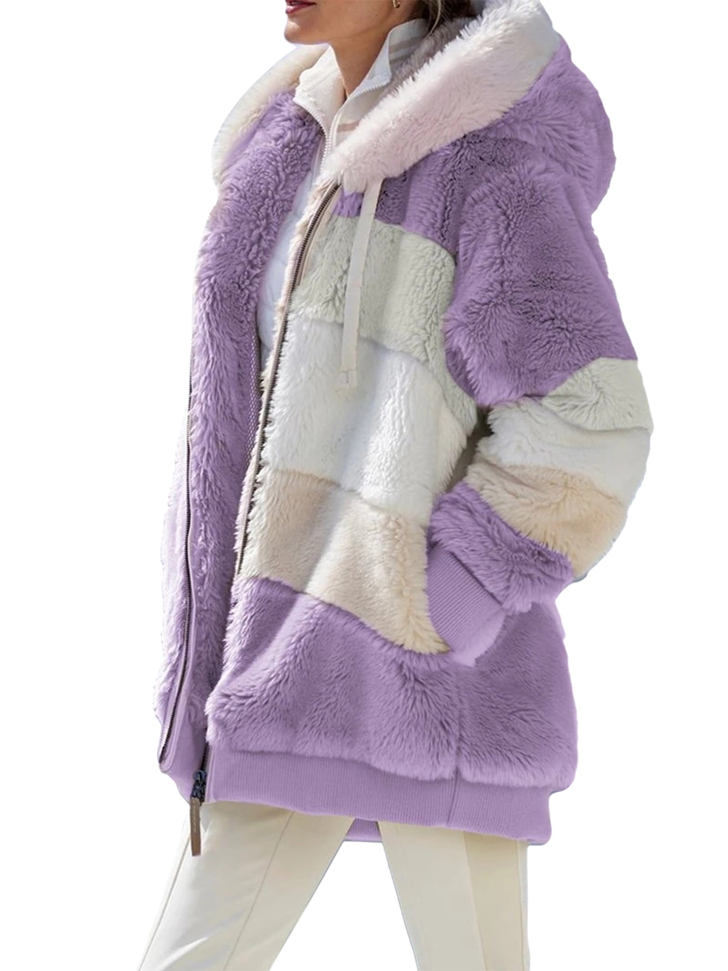 FOCUSNORM Warm Winter Hoodies for Women Faux Fur Jacket Coat Fuzzy ...
