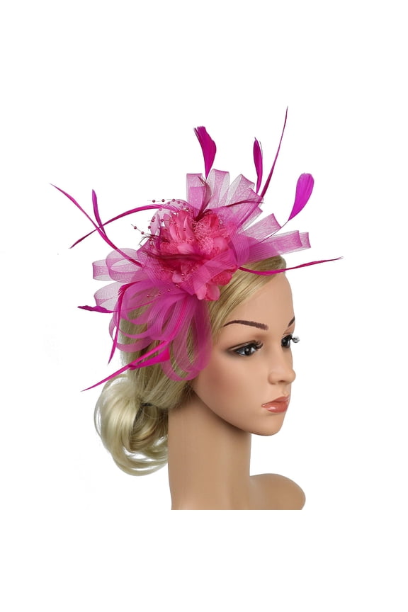 Wedding Cocktail Flower Mesh Feathers Fascinator Hat w/ Hair Clip, Pink