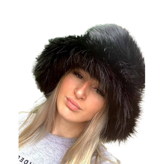 FOCUSNORM Winter Bucket Hat Fluffy Faux Fur Fisherman Cap for Women Men Solid Color Style